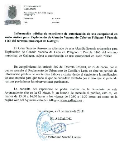 Imagen Información pública de expediente de autorización de uso excepcional en suelo rústico para Explotación de Ganado Vacuno de Cebo